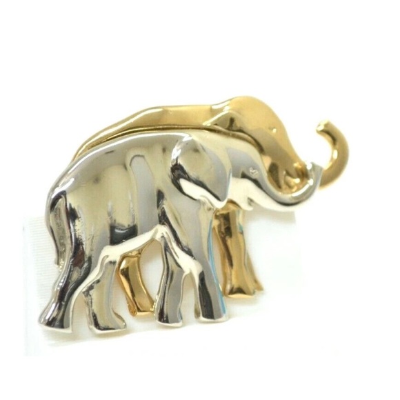 Signed Elephant Brooch Gold Silver Tone Lapel Hat Bag Gear Liz Claiborne LC Pin - Picture 4 of 6
